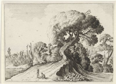 Dois homens na frente de uma grande árvore Sete paisagens (título da série) de Gillis van Scheyndel (I)