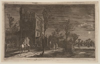 Figuras junto a uma torre em ruínas: Noturno ao luar, de Seis paisagens de Gillis van Scheyndel