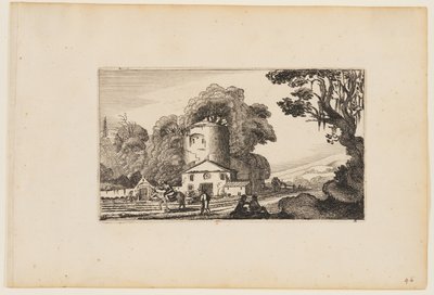 Caminho antes de uma quinta dominada por uma torre redonda, de Doze paisagens com figuras de Gillis van Scheyndel