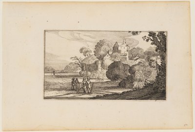 Caminho à esquerda do complexo de edifícios murados entre árvores, de Doze paisagens com figuras de Gillis van Scheyndel