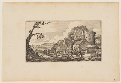 Caminho à esquerda de uma quinta dominada por uma torre redonda, de Doze paisagens com figuras de Gillis van Scheyndel
