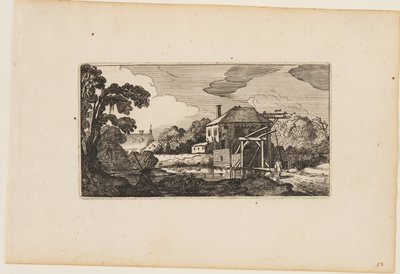 Lagoa antes de ponte de madeira e uma casa, de Doze paisagens com figuras de Gillis van Scheyndel