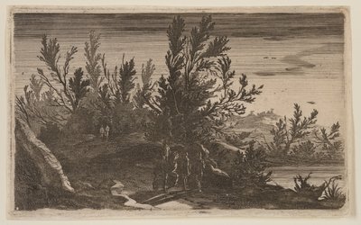 Cavaleiros num caminho arborizado à esquerda da lagoa, de Six Landscapes de Gillis van Scheyndel