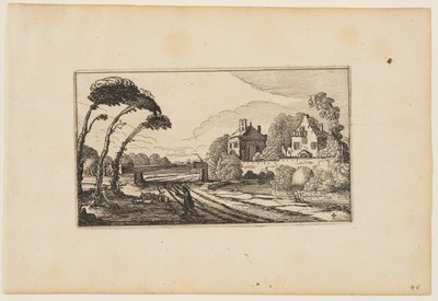 Estrada à esquerda de uma casa de campo murada e com fosso, de Doze paisagens com figuras de Gillis van Scheyndel