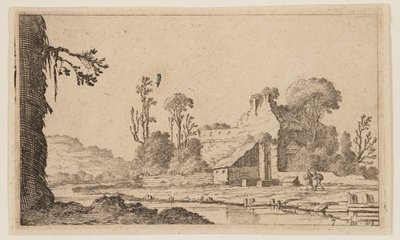 Ruínas transformadas numa quinta sobre um rio, de Twelve Landscapes de Gillis van Scheyndel