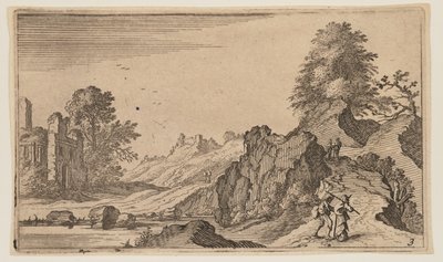 Três peões numa ponte de madeira sobre um riacho, de Twelve Landscapes de Gillis van Scheyndel