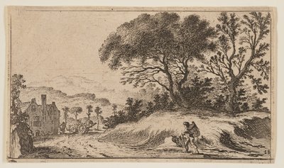 Viajante num caminho diante de três árvores numa colina à direita, de Doze paisagens de Gillis van Scheyndel