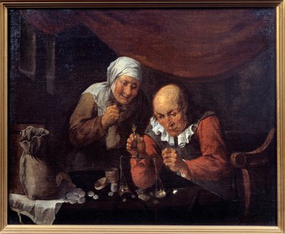 O casal de velhos gananciosos que pesam as suas posses. Pintura de Gillis Van Tilborgh (ou Tilborch de Gillis van Tilborgh