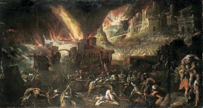 Enéias resgatando seu pai de Burning Troy de Gillis van Valckenborch