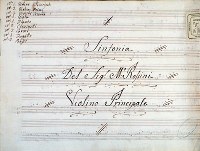 Detalhe da primeira página da partitura de violino para uma sinfonia de Gioacchino Rossini de Gioachino Rossini