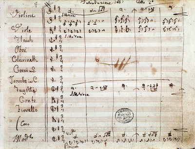 Primeira página com autógrafo da partitura do acto II da ópera O barbeiro de Sevilha por Gioacchino Rossini de Gioachino Rossini