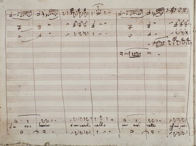 Partitura musical para a calúnia e uma ária de venticello, no The Barber of Seville (tinta sobre papel) de Gioachino Rossini
