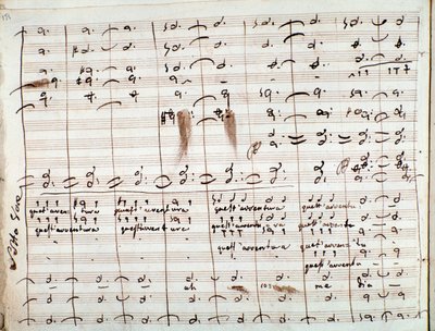 Pontuação musical para a ária de Questaventura, no The Barber of Seville (tinta no papel) de Gioachino Rossini