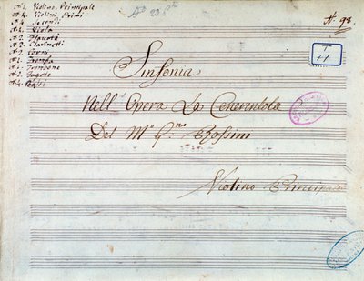 Página de título da partitura musical de violino para sinfonia em Cinderela, ou Goodness Triumphant byGioacchino Rossini de Gioachino Rossini