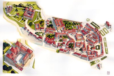 Vista aérea da cidade de Guimarães: à esquerda, o castelo e o mosteiro construídos no século XI. Portugal. Ilustração de Giorgio Albertini. (A utilização das obras deste autor não está sujeita a um pedido de autorização de terceiros ou a uma autorização de de Giorgio Albertini