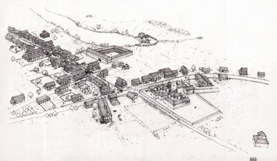 Roma antiga: reconstrução de uma aldeia da Bretanha romana (Britannia ou ilha da Bretanha) no século II. Ilustração de Giorgio Albertini. (A utilização das obras deste autor não está sujeita a um pedido de autorização de terceiros nem à autorização da Comi de Giorgio Albertini