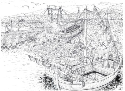 Antiguidade: o transporte por navio de mármore, provavelmente das pedreiras de Carrara (Carrara). Século II depois de JC Itália Ilustração de Giorgio Albertini. (A utilização das obras deste autor não está sujeita a um pedido de autorização de terceiros de Giorgio Albertini