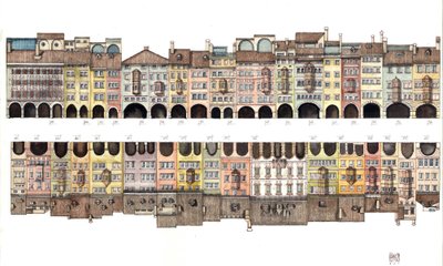 Arquitetura: vista plana da Via dei Portici, galeria coberta com pórtico, juntamente com casas coloridas, da cidade de Bolzano, Itália Ilustração de Giorgio Albertini. (A utilização das obras deste autor não está sujeita a um pedido de autorização de de Giorgio Albertini