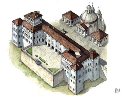Arte barroca: vista aérea do palácio Chigi a Ariccia, Lácio, no século XVII. Itália de Giorgio Albertini