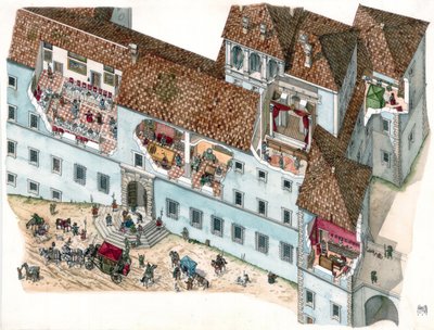 Arte barroca: vista e corte arquitetónico do palácio Chigi a Ariccia, Lácio, no século XVII. O interior dos quartos da família e as dependências dos criados são visíveis. Itália de Giorgio Albertini