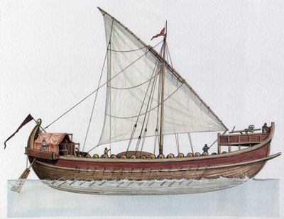 Império Bizantino: reconstrução de um dromon, navio de guerra, século IX-XI. de Giorgio Albertini