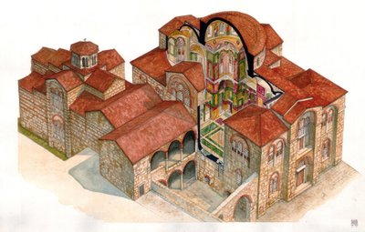 Arte bizantina: vista e secção arquitetónica do mosteiro de Hosios Loukas (Osios Lukas ou Luckas), construído no século XI. Grécia de Giorgio Albertini