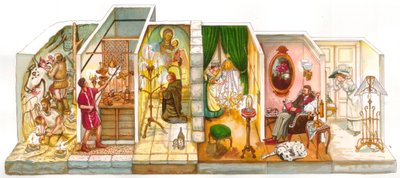 Vida quotidiana: evolução da iluminação no interior das casas, à esquerda homens pré-históricos nas grutas, iluminando com fogo, depois casa antiga, um monge a rezar na idade média com uma vela, um criado a iluminar um candelabro de teto no século XIX, dep de Giorgio Albertini