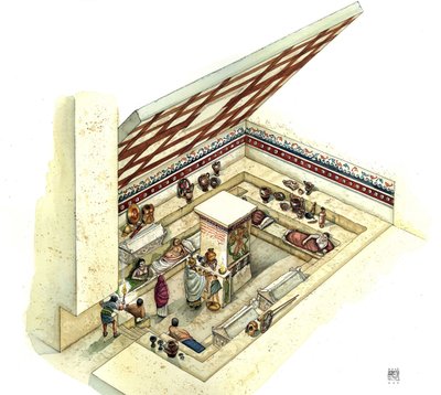Civilização etrusca: reconstrução e corte do túmulo de Tifone, necrópole de Tarquínia. Século II a.C. Itália de Giorgio Albertini