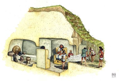 Civilização etrusca: reconstrução e recorte do túmulo das estátuas, necrópole de Ceri. Século VII a.C. Itália Ilustração de Giorgio Albertini. de Giorgio Albertini