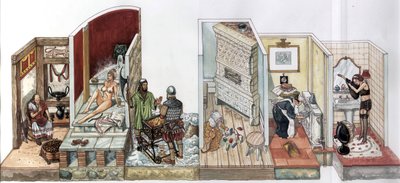 Vida quotidiana: evolução dos sistemas de aquecimento no interior das casas, à esquerda um homem a aquecer-se com brasas na antiguidade, uma jovem mulher num banho de vapor, poemas da Idade Média, no século XIX um radiador numa casa do século XX. de Giorgio Albertini