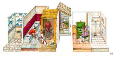 Vida quotidiana: evolução dos sistemas sanitários e da higiene: quadro representando sanitários, sanitas, armário, sistema de evacuação da água desde a antiguidade até aos tempos modernos, da esquerda para a direita, um buraco onde foi cortado da terra, no de Giorgio Albertini