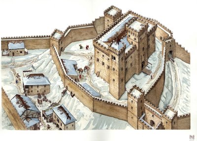 Arquitetura medieval: reconstrução do castelo da cidade de Udine no século XIV. Itália Ilustração de Giorgio Albertini. (A utilização das obras deste autor não está sujeita a um pedido de autorização de terceiros nem ao pagamento de uma taxa de utilização) de Giorgio Albertini