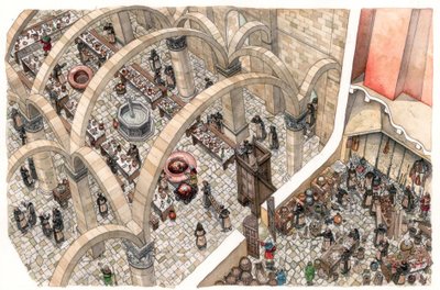 Idade Média: um refeitório e uma cozinha num mosteiro. Trabalho religioso de preparação de refeições comunitárias. Século XII ou XIII de Giorgio Albertini