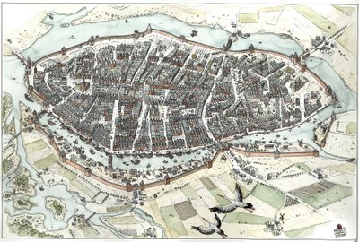 Idade Média: vista aérea da cidade de Lubeck, na Alemanha, com mapa de ruas, mostrando a sua posição geográfica numa ilha na confluência dos rios Wakenitz e Trave. Século XV. Alemanha Ilustração de Giorgio Albertini. (O uso da palavra "Lubeck" deste autor  de Giorgio Albertini