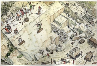 Idade Média: vista aérea representando os operários que trabalhavam nas pedreiras de mármore de Carrara (Carrara) no século XV. Estão representadas as diferentes etapas, extração, tamanho do bloco, transporte. Itália Ilustração de Giorgio Albertini. (A uti de Giorgio Albertini