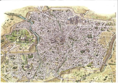 Idade Média: vista aérea pormenorizada da cidade de Samarcanda (Samarkand), sendo visíveis as muralhas, no Uzbequistão, na época da dinastia mongol Chaybanid. 1450 em torno da Ásia Central. Ilustração de Giorgio Albertini. (A utilização das obras deste aut de Giorgio Albertini