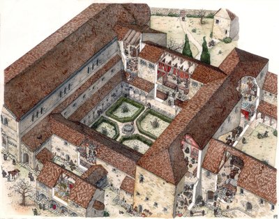 Idade Média: reconstituição de um mosteiro e da vida de freiras ou monges. Os cortes permitem ver as cenas interiores. Ilustração de Giorgio Albertini. (A utilização das obras deste autor não está sujeita a um pedido de autorização de terceiros. de Giorgio Albertini
