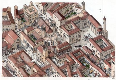 Idade Média: reconstituição do bairro histórico Barri Gotic (bairro gotico) de Barcelona no século XIV. É visível a Catedral de Santa Eulália. Espanha Ilustração de Giorgio Albertini. (A utilização das obras deste autor não é permitida) de Giorgio Albertini