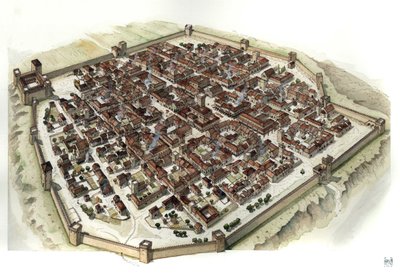 Idade Média: reconstrução da cidade fortificada de Cherasco (Piemont) na altura da sua fundação no século XIII, Itália de Giorgio Albertini