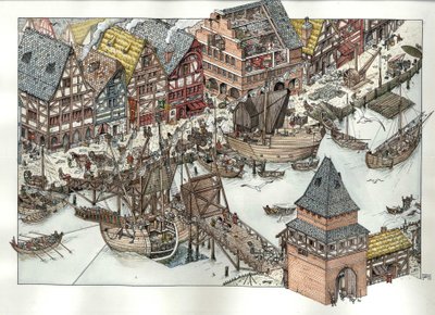Idade Média: vista das actividades comerciais em torno do porto de Lubeck, no Mar Báltico. Século XIV. Alemanha de Giorgio Albertini
