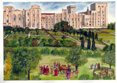 Idade Média: vista do Palácio dos Papas em Avignon, quando era a residência dos Papas. No jardim, os membros da cúria passeiam para admirar animais exóticos (camelos, leões) Século XIV. de Giorgio Albertini
