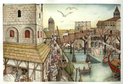Idade Média: vista da Ponte de Rialto no século XI e actividades em Veneza, Itália. de Giorgio Albertini