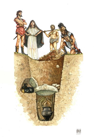 Neolítico: corte de um túmulo Villanoviano (cultura Villanova), as urnas contendo as cinzas do defunto são enterradas em poços (campos de urnas), século VIII a.C. Etrúria, Itália de Giorgio Albertini