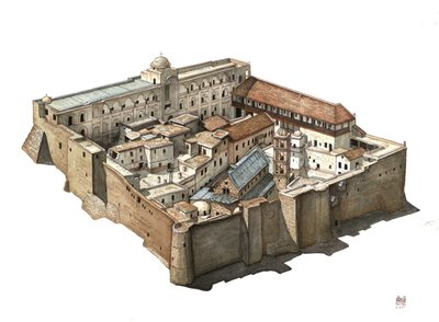 Vista geral do mosteiro ortodoxo de Santa Catarina do Sinai, no Egito. Ilustração de Giorgio Albertini. (A utilização das obras deste autor não está sujeita a um pedido de autorização de terceiros nem ao pagamento de taxas adicionais). de Giorgio Albertini