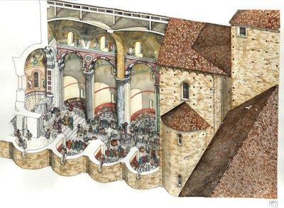 Reconstituição da Basílica de São João de Latrão (São João de Latrão ou San Giovanni in Laterano) no século VIII: a taça arquitetónica permite ver o triclínio e a cerimónia de inauguração de um papa. Roma de Giorgio Albertini