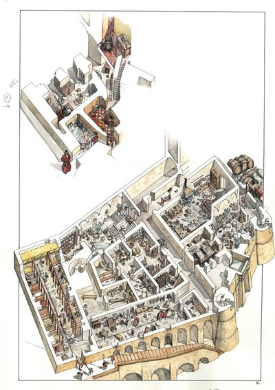 Reconstrução com vista ao corte das zonas subterrâneas onde se situa o piso de serviço (casas domésticas, casas de banho, cozinha, cavalariças) no palácio ducal da cidade de Urbino, em Itália. Foi construído pelo Duque Federico da Montefeltro (Frederic de  de Giorgio Albertini