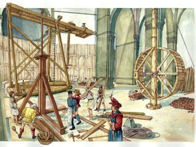 Renascimento: reconstrução do local de construção da cúpula da igreja de Santa Maria del Fiore (Duomo) segundo os planos do arquiteto Filippo Brunelleschi. 1436. Florença, Itália Ilustração de Giorgio Albertini. (A utilização das obras deste autor não é pe de Giorgio Albertini