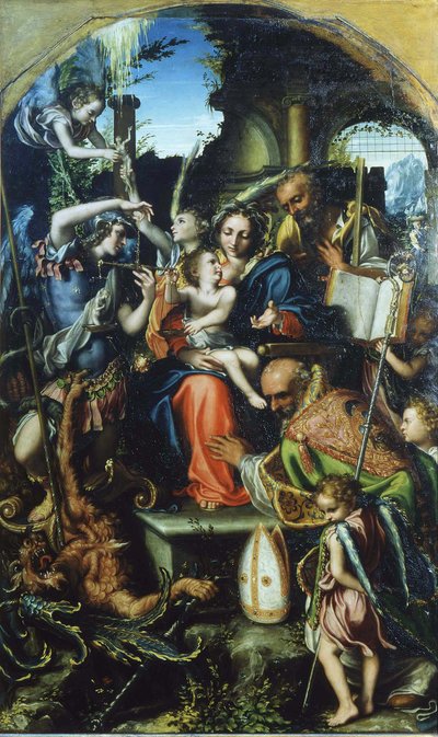 Sagrada Família com São Miguel Arcanjo e o Diabo lutando pelas almas, São Bernardo e de Giorgio Gandini del Grano