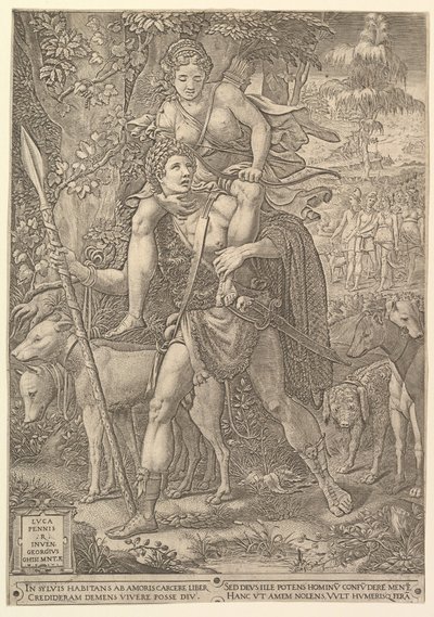 Alegoria da caça, um caçador segurando uma lança grande carregando uma mulher Diana em seu shou ..., 1556. de Giorgio Ghisi