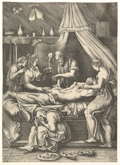 Uma alegoria da doença, homem deitado prostrado em uma cama cercada por figuras, ca. 1540 de Giorgio Ghisi